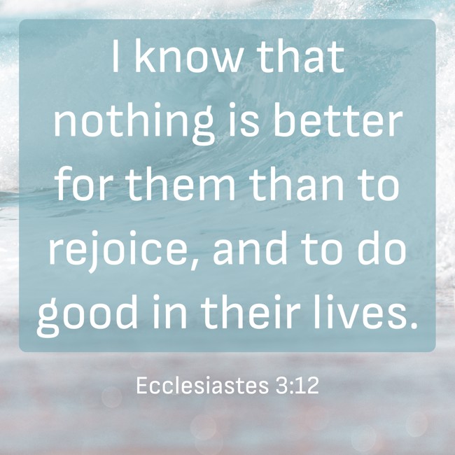 I know that nothing is better for them than to rejoice, and to do good in their lives. - Ecclesiastes 3:12
