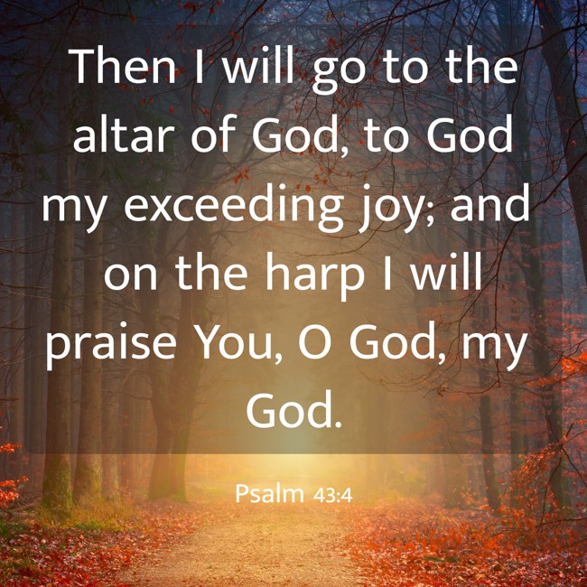 Then I will go to the altar of God, to God my exceeding joy; and on the harp I will praise You, O God, my God. - Psalm 43:4