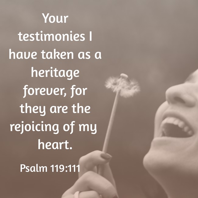 Your testimonies I have taken as a heritage forever, for they are the rejoicing of my heart. - Psalm 119:111
