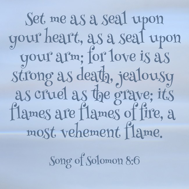Set me as a seal upon your heart, as a seal upon your arm; for love is as strong as death, jealousy as cruel as the grave; its flames are flames of fire, a most vehement flame. - Song of Solomon 8:6