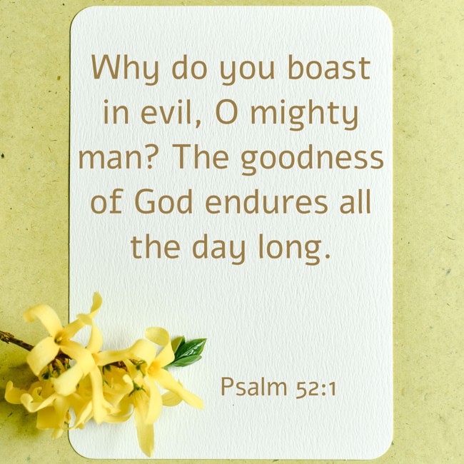 Why do you boast in evil, O mighty man? The goodness of God endures all the day long. - Psalm 52:1