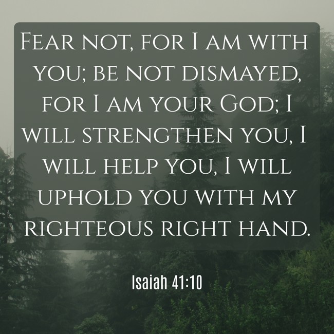 Fear not, for I am with you; be not dismayed, for I am your God; I will strengthen you, I will help you, I will uphold you with my righteous right hand. - Isaiah 41:10