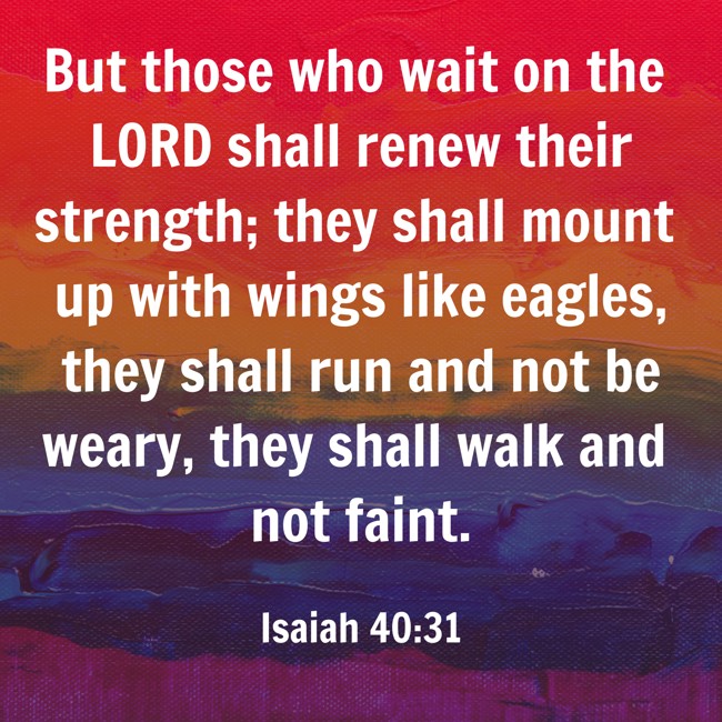 But those who wait on the LORD shall renew their strength; they shall mount up with wings like eagles, they shall run and not be weary, they shall walk and not faint. - Isaiah 40:31