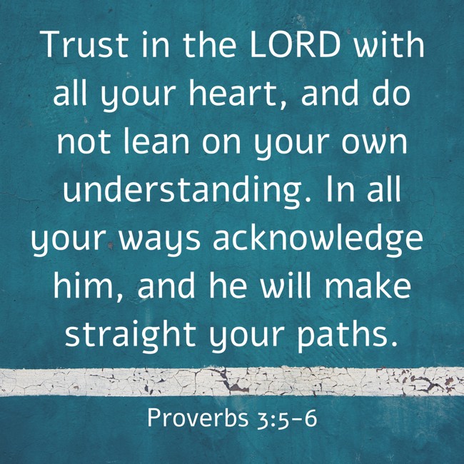 Trust in the LORD with all your heart, and do not lean on your own understanding. In all your ways acknowledge him, and he will make straight your paths. - Proverbs 3:5-6