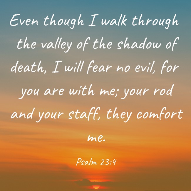 Even though I walk through the valley of the shadow of death, I will fear no evil, for you are with me; your rod and your staff, they comfort me. - Psalm 23:4