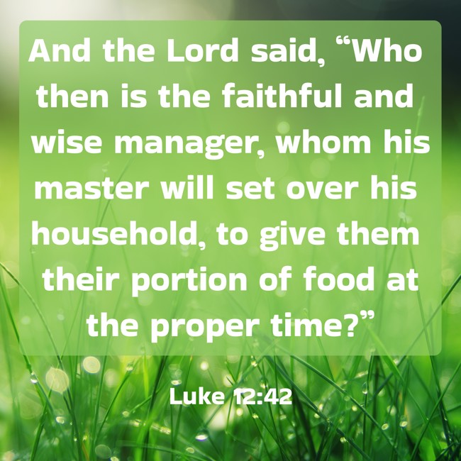And the Lord said, “Who then is the faithful and wise manager, whom his master will set over his household, to give them their portion of food at the proper time?” - Luke 12:42