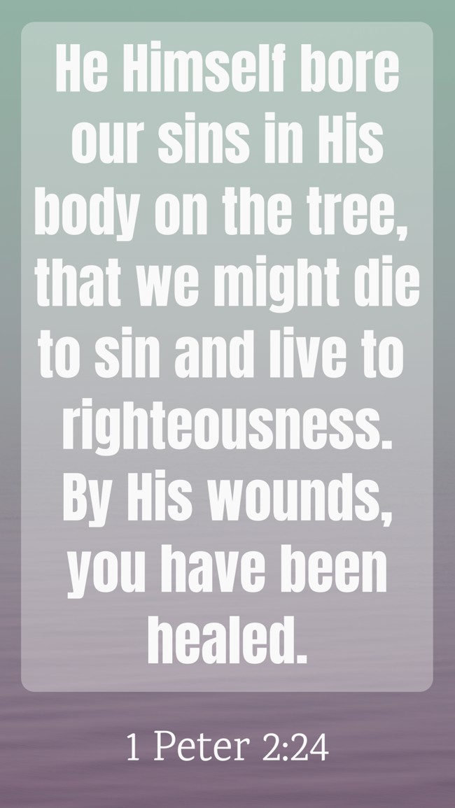 He Himself bore our sins in His body on the tree, that we might die to sin and live to righteousness. By His wounds, you have been healed. - 1 Peter 2:24