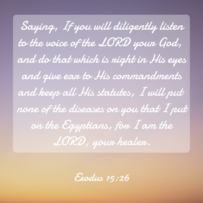 Saying, If you will diligently listen to the voice of the LORD your God, and do that which is right in His eyes and give ear to His commandments and keep all His statutes, I will put none of the diseases on you that I put on the Egyptians, for I am the LORD, your healer. - Exodus 15:26
