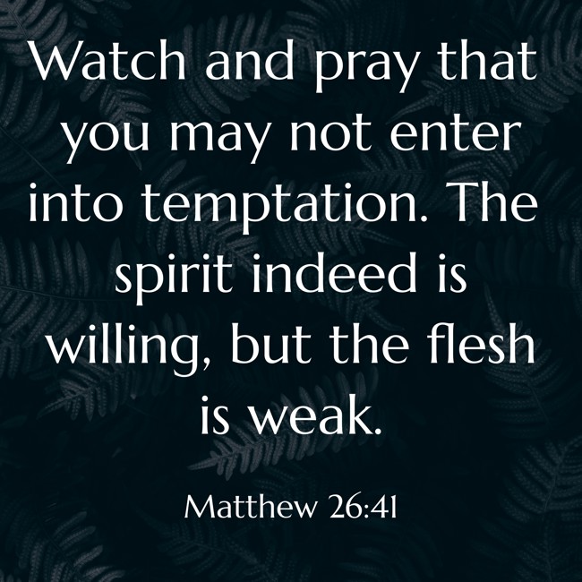 Watch and pray that you may not enter into temptation. The spirit indeed is willing, but the flesh is weak. - Matthew 26:41