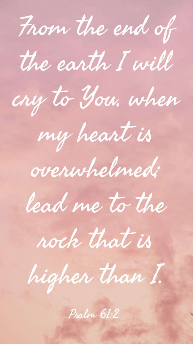 From the end of the earth I will cry to You, when my heart is overwhelmed; lead me to the rock that is higher than I. - Psalm 61:2