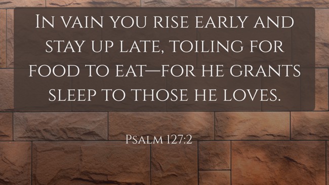 In vain you rise early and stay up late, toiling for food to eat—for he grants sleep to those he loves. - Psalm 127:2