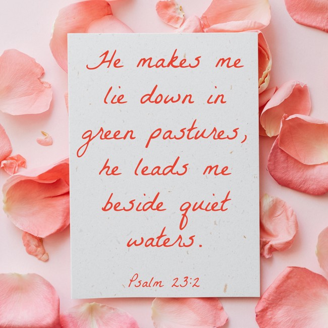 He makes me lie down in green pastures, he leads me beside quiet waters. - Psalm 23:2