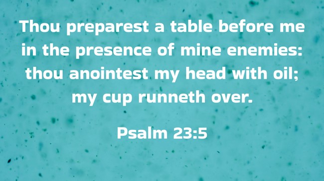 Thou preparest a table before me in the presence of mine enemies: thou anointest my head with oil; my cup runneth over. - Psalm 23:5