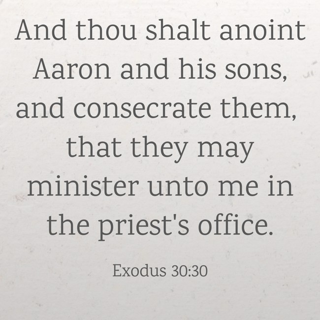And thou shalt anoint Aaron and his sons, and consecrate them, that they may minister unto me in the priest's office. - Exodus 30:30