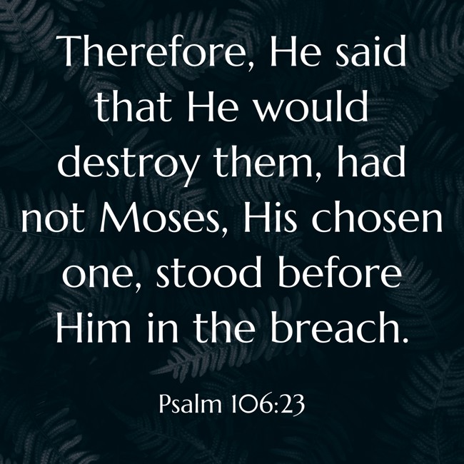 Therefore, He said that He would destroy them, had not Moses, His chosen one, stood before Him in the breach. - Psalm 106:23