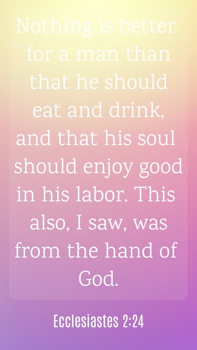 Nothing is better for a man than that he should eat and drink, and that his soul should enjoy good in his labor. This also, I saw, was from the hand of God. - Ecclesiastes 2:24