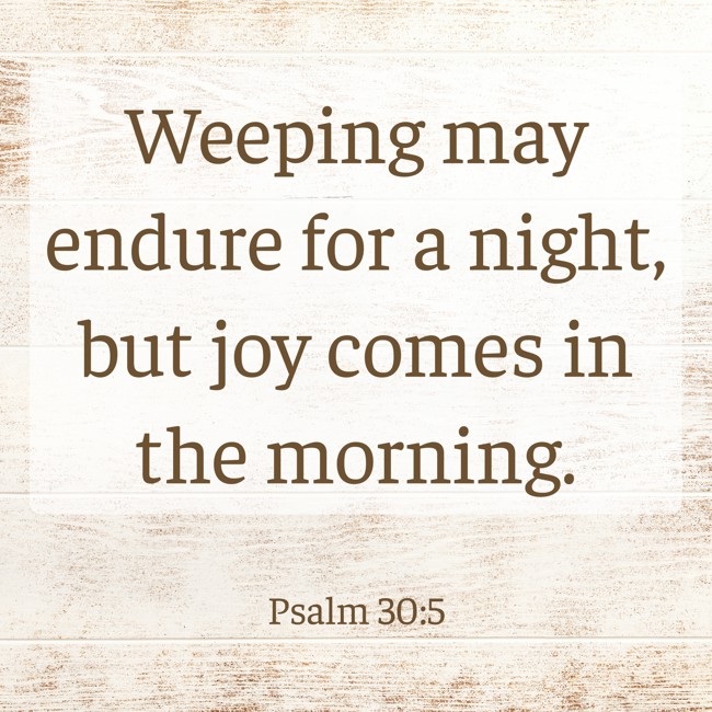  Weeping may endure for a night, but joy comes in the morning.   - Psalm 30:5 