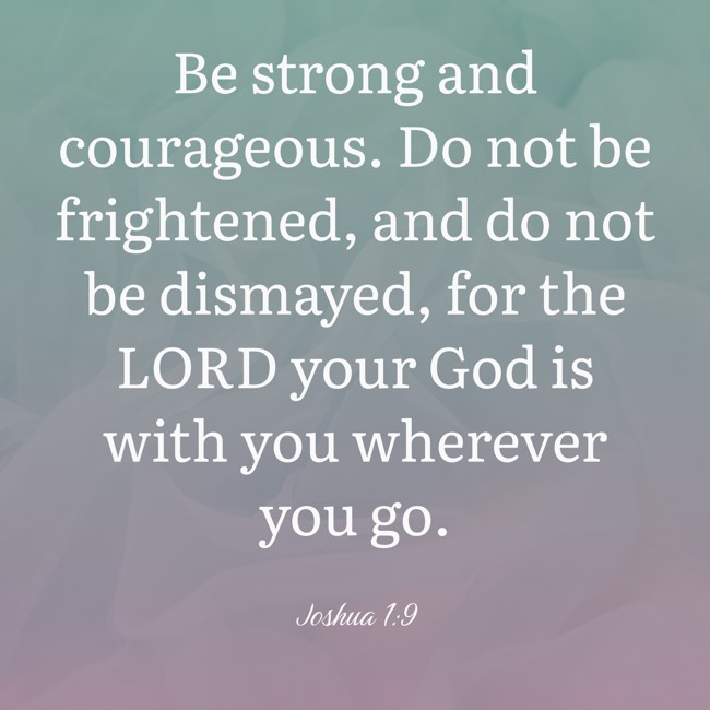 Be strong and courageous. Do not be frightened, and do not be dismayed, for the LORD your God is with you wherever you go.   - Joshua 1:9 