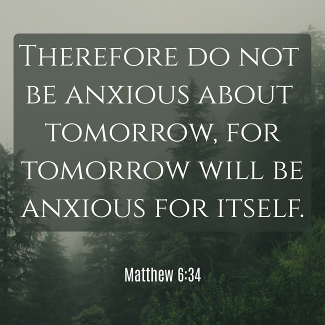  Therefore do not be anxious about tomorrow, for tomorrow will be anxious for itself.   - Matthew 6:34 