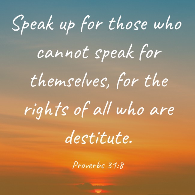 Speak up for those who cannot speak for themselves, for the rights of all who are destitute. - Proverbs 31:8