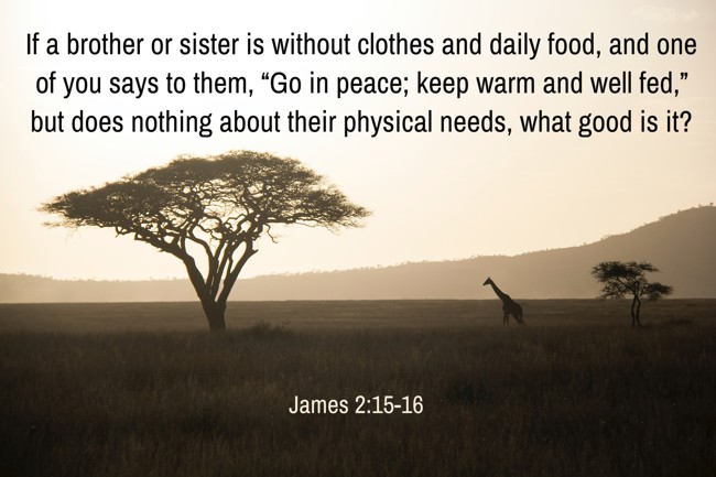 If a brother or sister is without clothes and daily food, and one of you says to them, “Go in peace; keep warm and well fed,” but does nothing about their physical needs, what good is it? - James 2:15-16