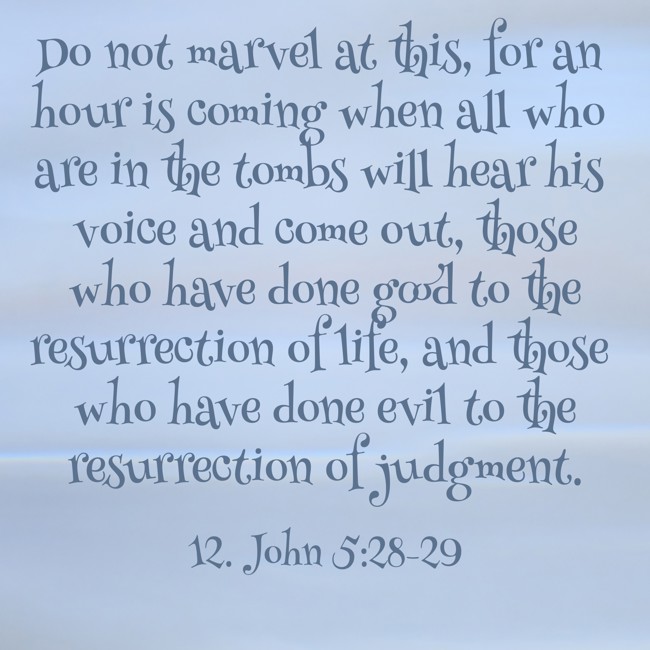 Do not marvel at this, for an hour is coming when all who are in the tombs will hear his voice and come out, those who have done good to the resurrection of life, and those who have done evil to the resurrection of judgment. - 12. John 5:28-29