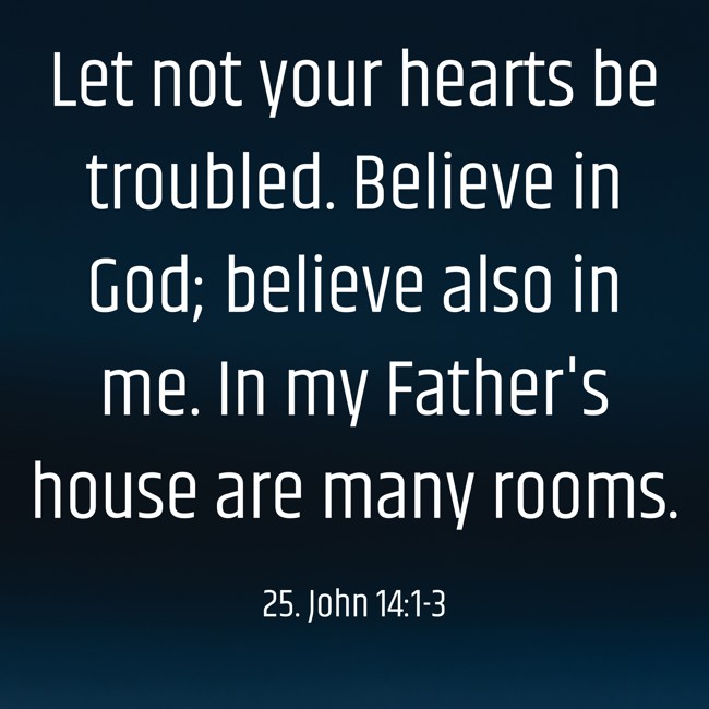 Let not your hearts be troubled. Believe in God; believe also in me. In my Father's house are many rooms. - 25. John 14:1-3