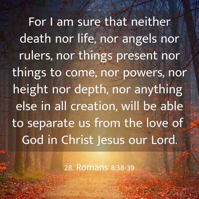 For I am sure that neither death nor life, nor angels nor rulers, nor things present nor things to come, nor powers, nor height nor depth, nor anything else in all creation, will be able to separate us from the love of God in Christ Jesus our Lord. - 28. Romans 8:38-39
