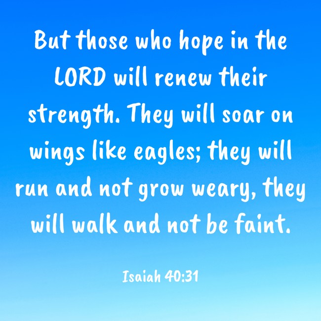But those who hope in the LORD will renew their strength. They will soar on wings like eagles; they will run and not grow weary, they will walk and not be faint. - Isaiah 40:31