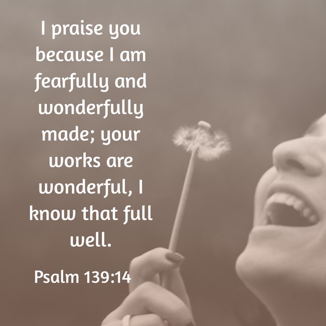 I praise you because I am fearfully and wonderfully made; your works are wonderful, I know that full well. - Psalm 139:14