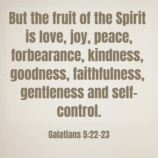 But the fruit of the Spirit is love, joy, peace, forbearance, kindness, goodness, faithfulness, gentleness and self-control. - Galatians 5:22-23