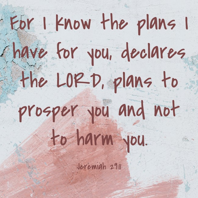 For I know the plans I have for you, declares the LORD, plans to prosper you and not to harm you. - Jeremiah 29:11