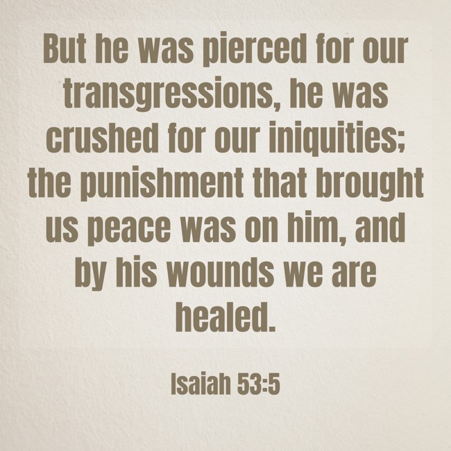 But he was pierced for our transgressions, he was crushed for our iniquities; the punishment that brought us peace was on him, and by his wounds we are healed. - Isaiah 53:5