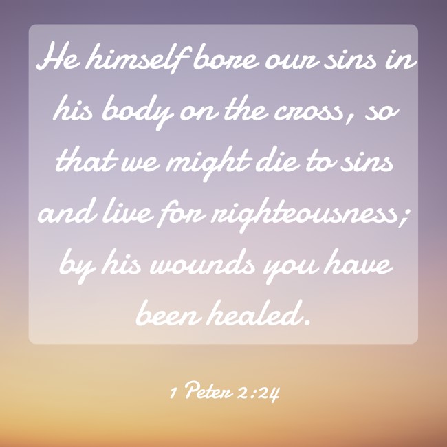 He himself bore our sins in his body on the cross, so that we might die to sins and live for righteousness; by his wounds you have been healed. - 1 Peter 2:24