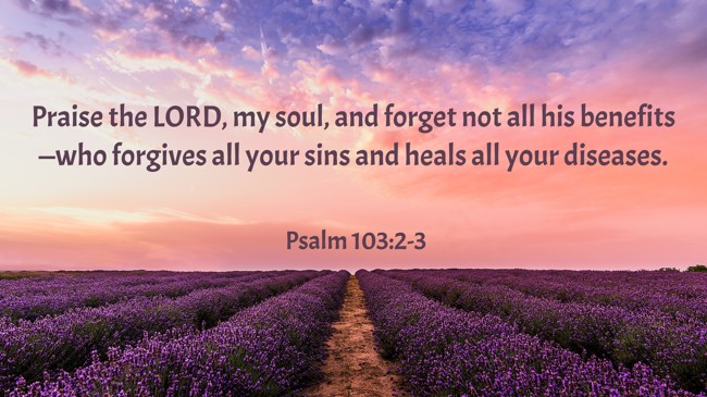 Praise the LORD, my soul, and forget not all his benefits—who forgives all your sins and heals all your diseases. - Psalm 103:2-3