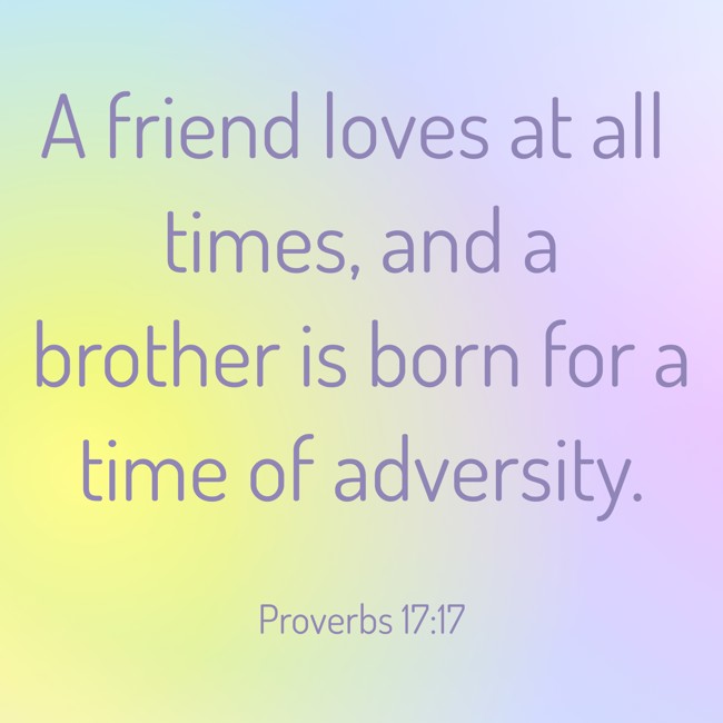 A friend loves at all times, and a brother is born for a time of adversity. - Proverbs 17:17