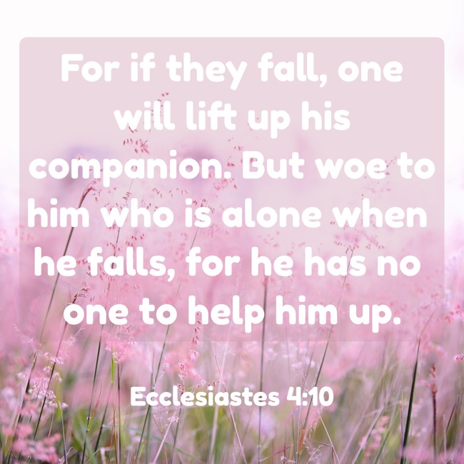 For if they fall, one will lift up his companion. But woe to him who is alone when he falls, for he has no one to help him up. - Ecclesiastes 4:10