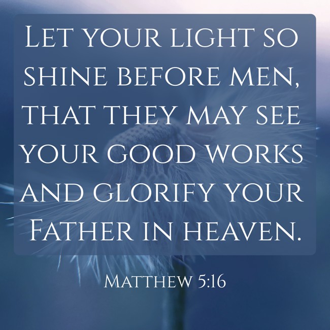  Let your light so shine before men, that they may see your good works and glorify your Father in heaven.   - Matthew 5:16 