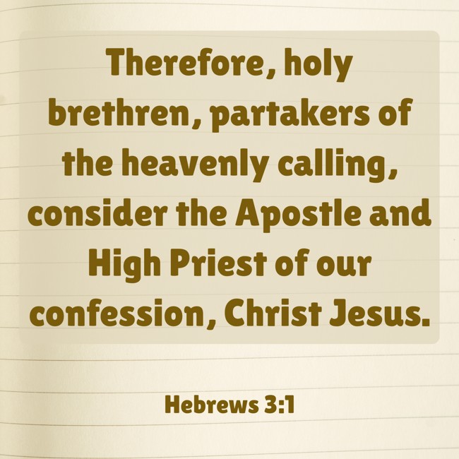  Therefore, holy brethren, partakers of the heavenly calling, consider the Apostle and High Priest of our confession, Christ Jesus.   - Hebrews 3:1 