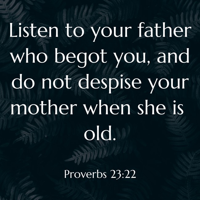 Listen to your father who begot you, and do not despise your mother when she is old. - Proverbs 23:22