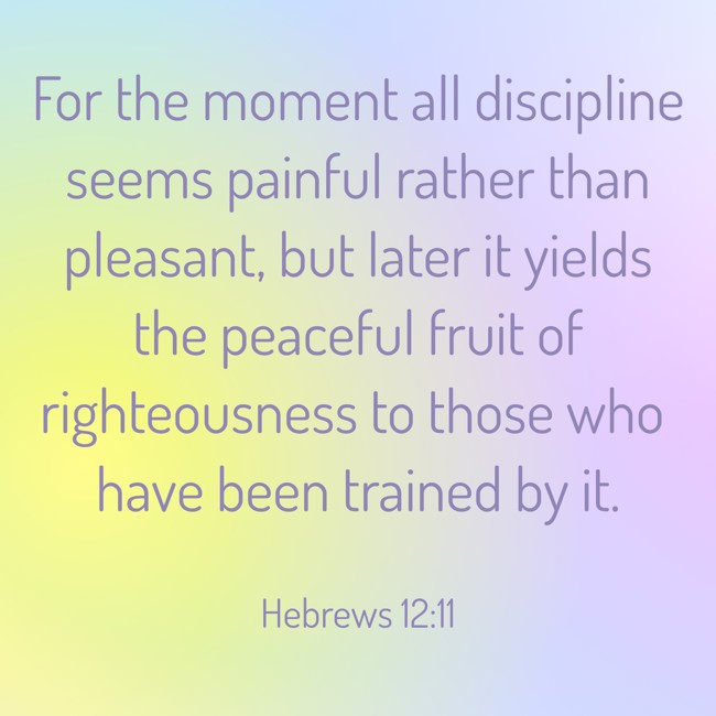 For the moment all discipline seems painful rather than pleasant, but later it yields the peaceful fruit of righteousness to those who have been trained by it. - Hebrews 12:11