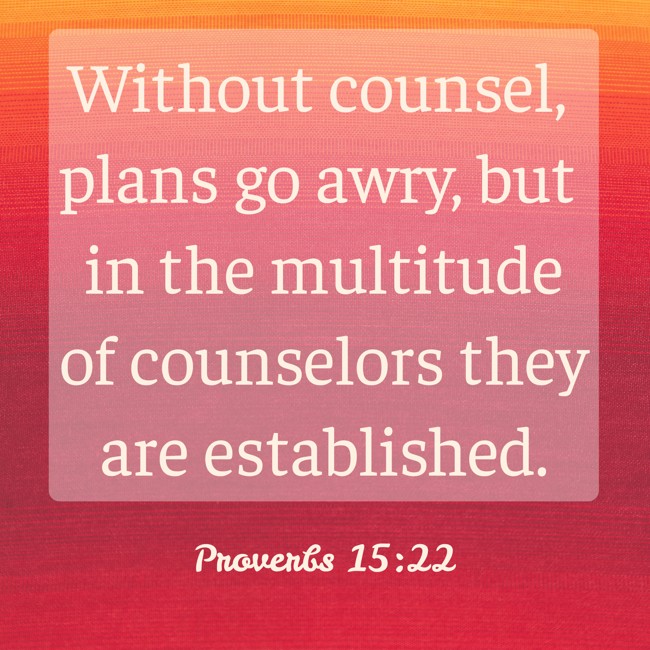 Without counsel, plans go awry, but in the multitude of counselors they are established. - Proverbs 15:22