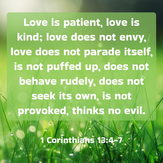Love is patient, love is kind; love does not envy, love does not parade itself, is not puffed up, does not behave rudely, does not seek its own, is not provoked, thinks no evil. - 1 Corinthians 13:4-7