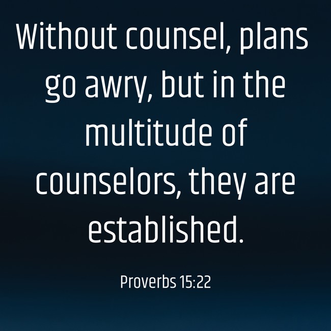 Without counsel, plans go awry, but in the multitude of counselors, they are established. - Proverbs 15:22