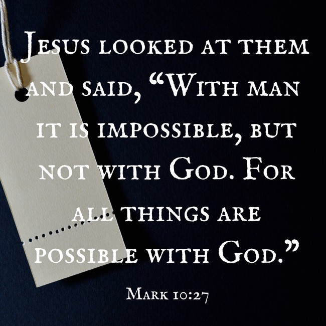  Jesus looked at them and said, “With man it is impossible, but not with God. For all things are possible with God.”   - Mark 10:27 