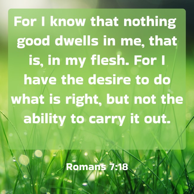 For I know that nothing good dwells in me, that is, in my flesh. For I have the desire to do what is right, but not the ability to carry it out. - Romans 7:18