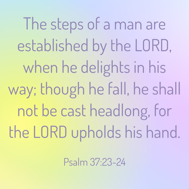 The steps of a man are established by the LORD, when he delights in his way; though he fall, he shall not be cast headlong, for the LORD upholds his hand. - Psalm 37:23-24