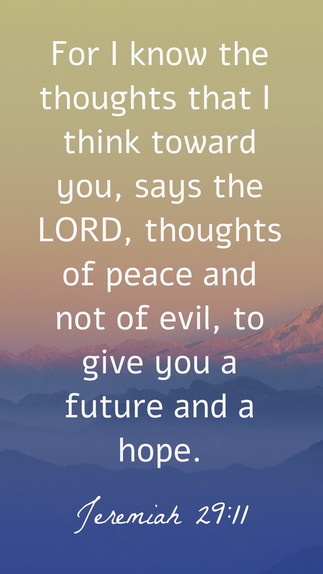 For I know the thoughts that I think toward you, says the LORD, thoughts of peace and not of evil, to give you a future and a hope. - Jeremiah 29:11