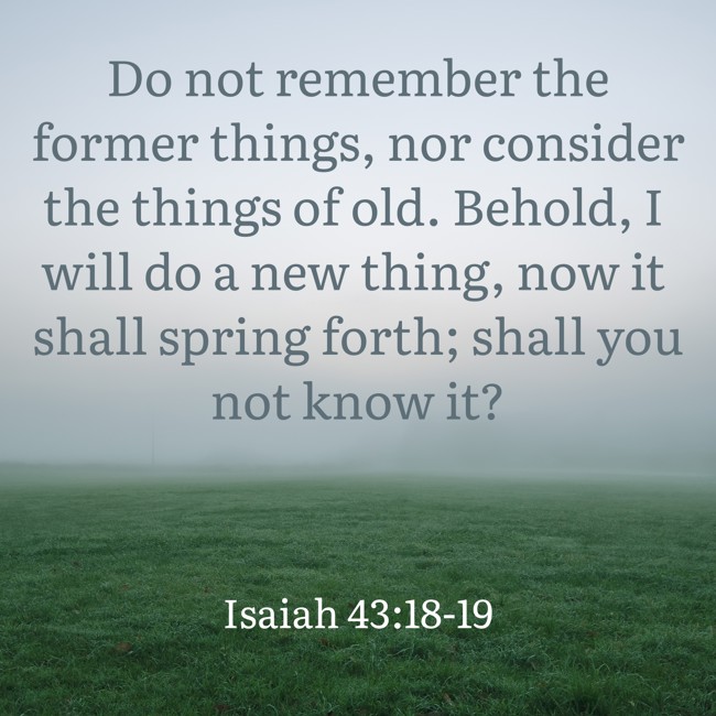  Do not remember the former things, nor consider the things of old. Behold, I will do a new thing, now it shall spring forth; shall you not know it?   - Isaiah 43:18-19 