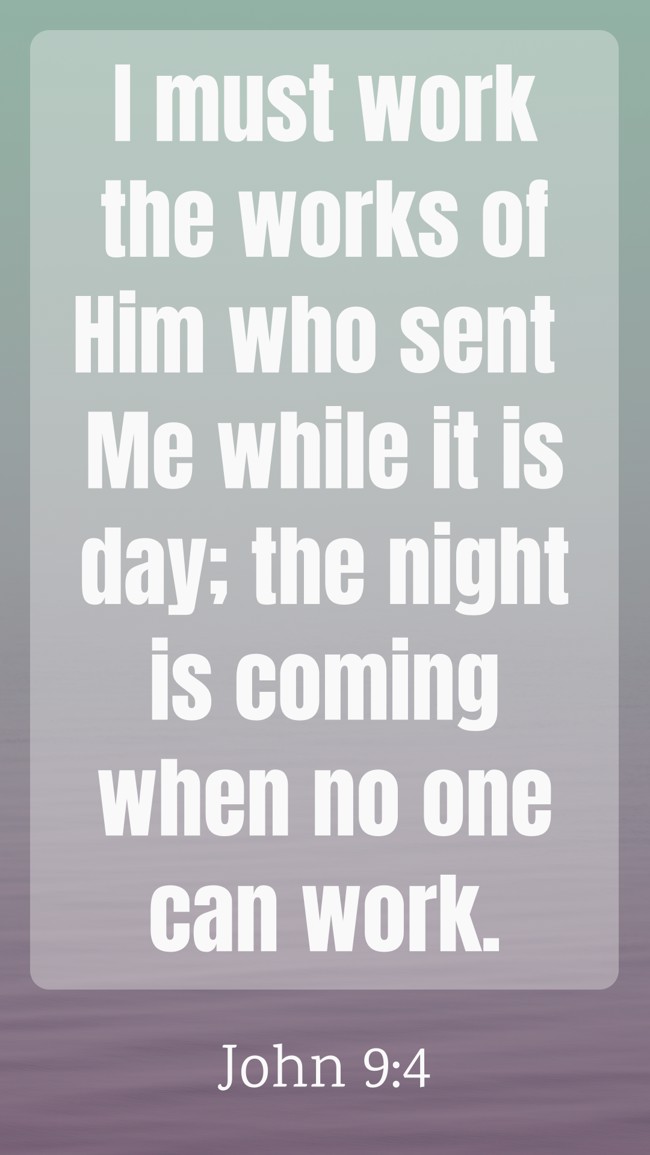  I must work the works of Him who sent Me while it is day; the night is coming when no one can work.   - John 9:4 